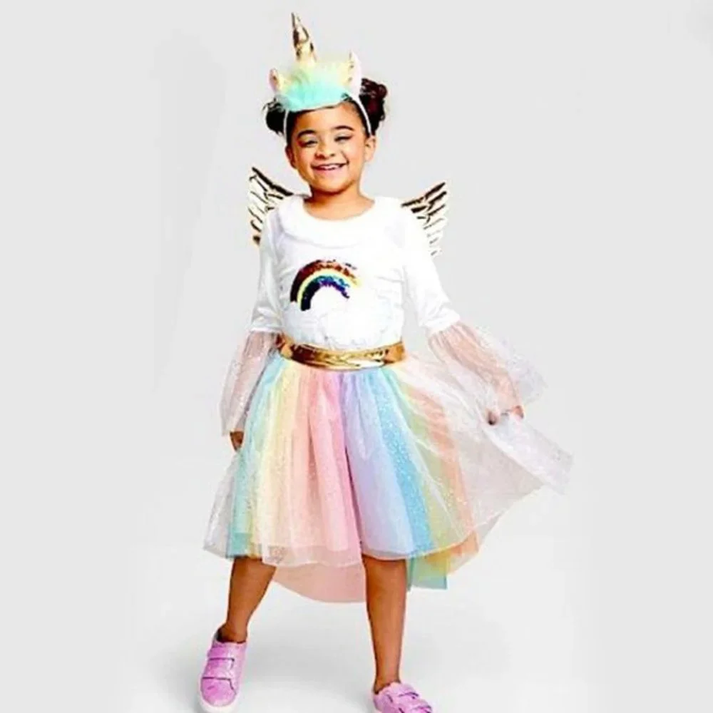 Girls Rainbow Unicorn‎ Costume Dress Beautiful Sparkle Sequin Angel Wings Large